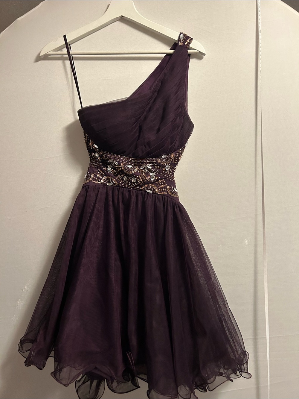 Blondie Nites One-Shoulder Plum Cocktail Dress with Beaded Waist